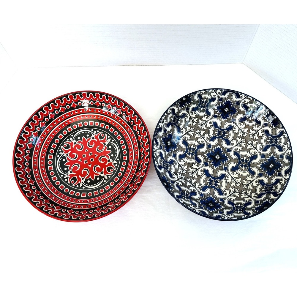 Mikasa Marrakesh Lot of 2 Bowls 9" Red & Black, Blue Gray & White